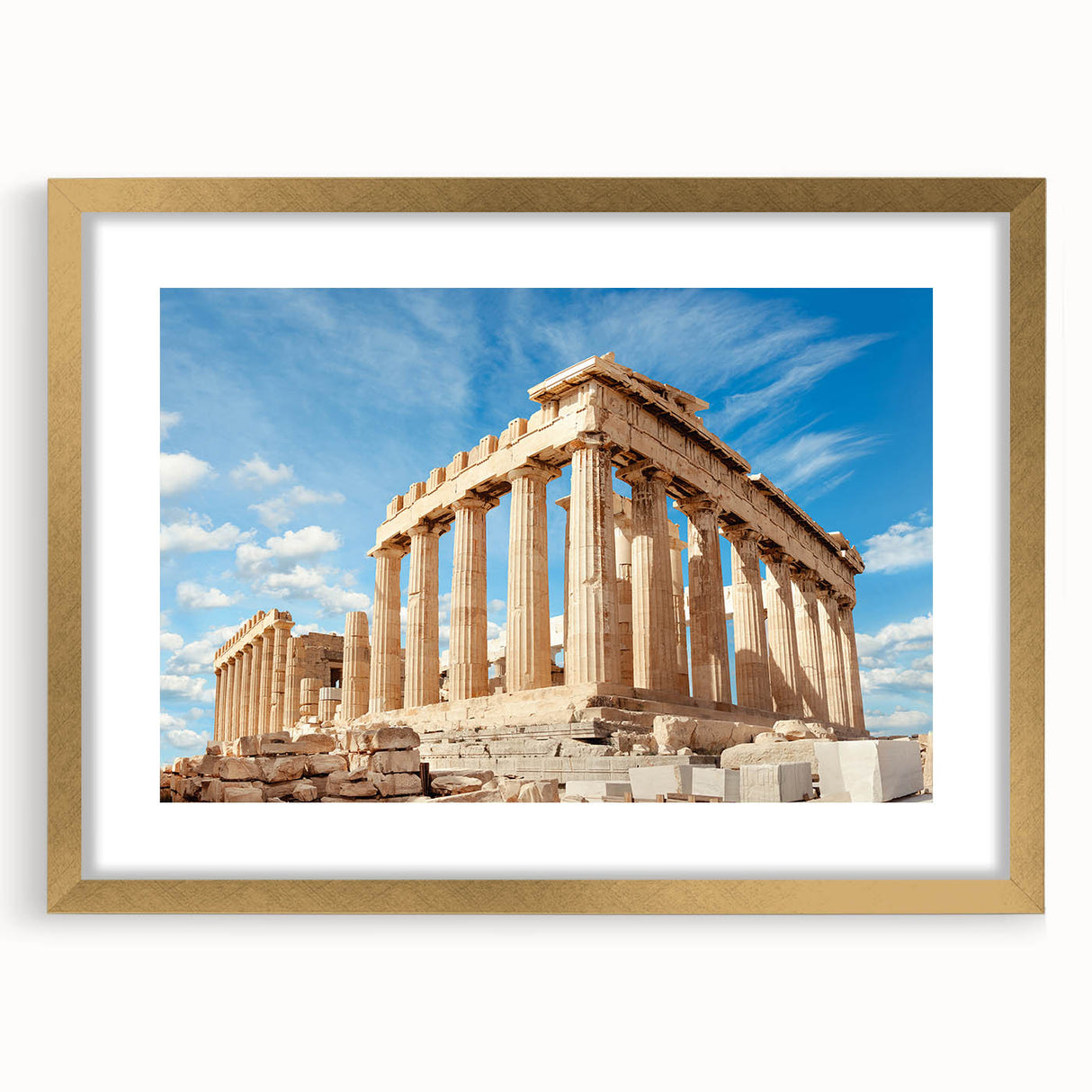 Abstract art print of Athens skyline in muted gold and blue tones on a framed canvas, suitable for dining room decor.