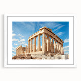 Abstract textured art print of Athens scenery in muted earth tones on a white framed canvas, suited for bedroom decor.