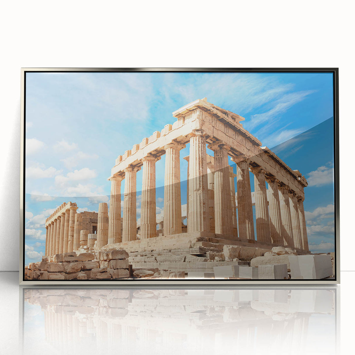 Large acrylic print of Athens skyline in muted earth tones, framed in silver, suitable for modern art wall decor.