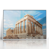 Mid-century modernist art of Athens skyline in pastel shades on white framed acrylic, suitable for nursery wall art.