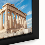 Extra large framed canvas of Athens scenery with textured, colorful art on a black background.
