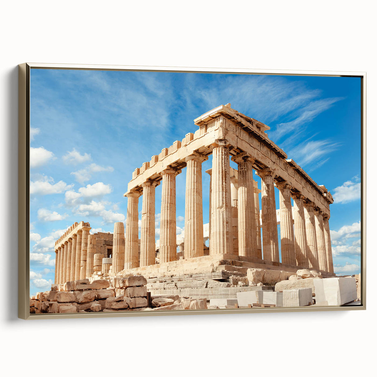 Framed canvas depicting a vintage-style Athens landscape in muted gold and black tones, ideal for bedroom wall art.