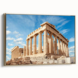 Framed canvas depicting a vintage-style Athens landscape in muted gold and black tones, ideal for bedroom wall art.