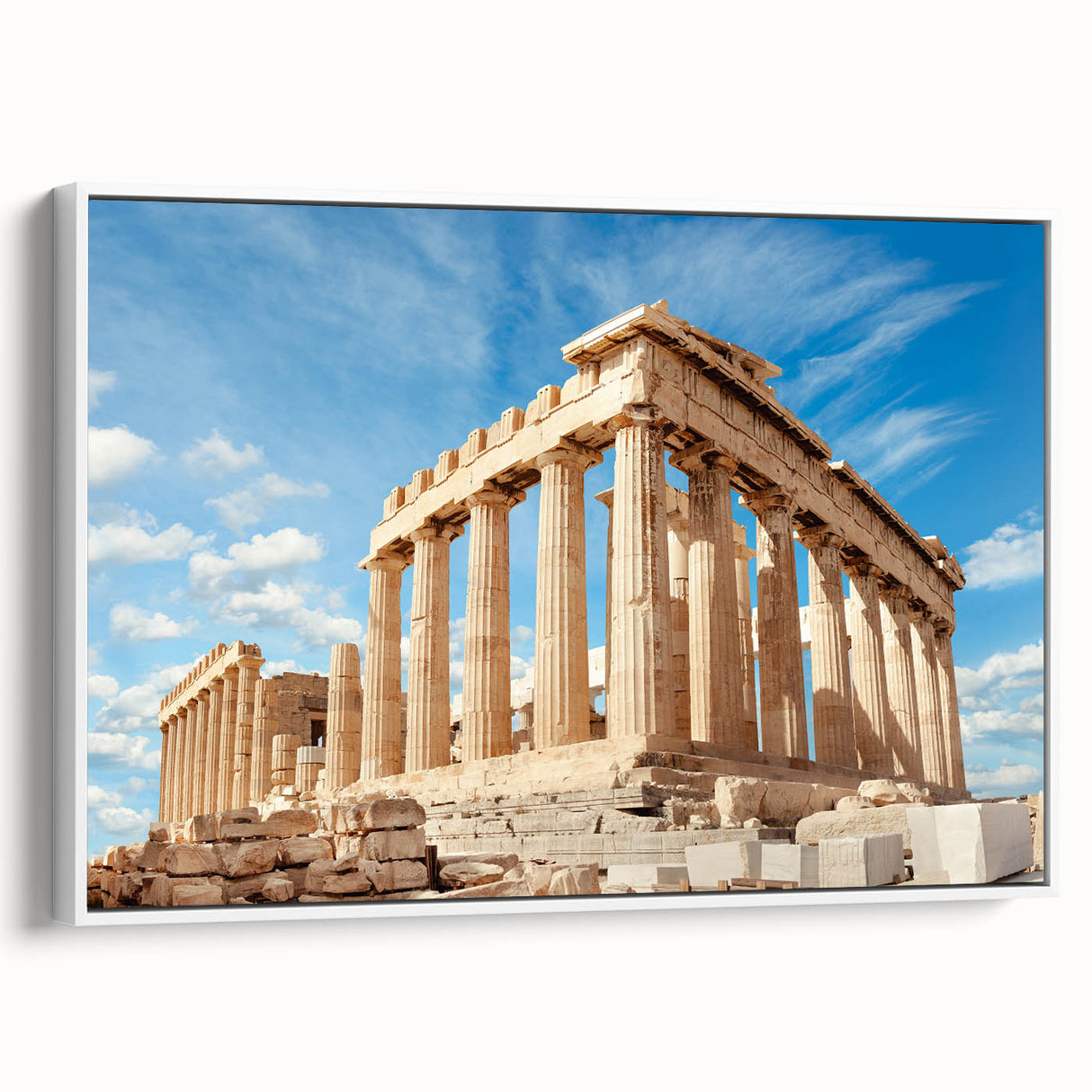 Vintage poster art of Athens, Greece in vibrant colors on a large framed canvas, ideal for living room decor.