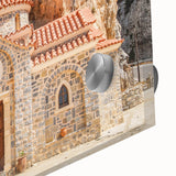 Mid-century modernist art of a Crete landscape in muted earth tones, acrylic print, ideal for dining room art.