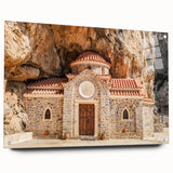 Acrylic print of a serene Crete landscape in soft blues and whites, ideal for bedroom or dining room decor.