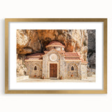 Abstract art print of a European landscape in Crete, featuring muted earth tones on a framed gold mat.