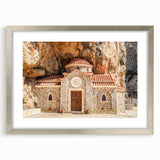 Extra large abstract art print of a textured European scenery in Crete, with silver frame, ideal for living room decor.