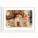 Textured art of a Crete, Greece landscape in abstract style, with muted earth tones on a framed white mat.