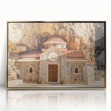 Acrylic print of a serene Crete landscape in muted blues and greens, framed in gold.