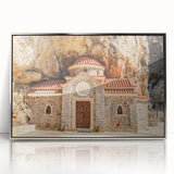 Large art print of a Crete, Greece landscape in muted earth tones, framed in silver acrylic.