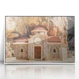 Mid-century modernist art depicting the Crete, Greece scenery on a framed acrylic print, in muted earth tones.