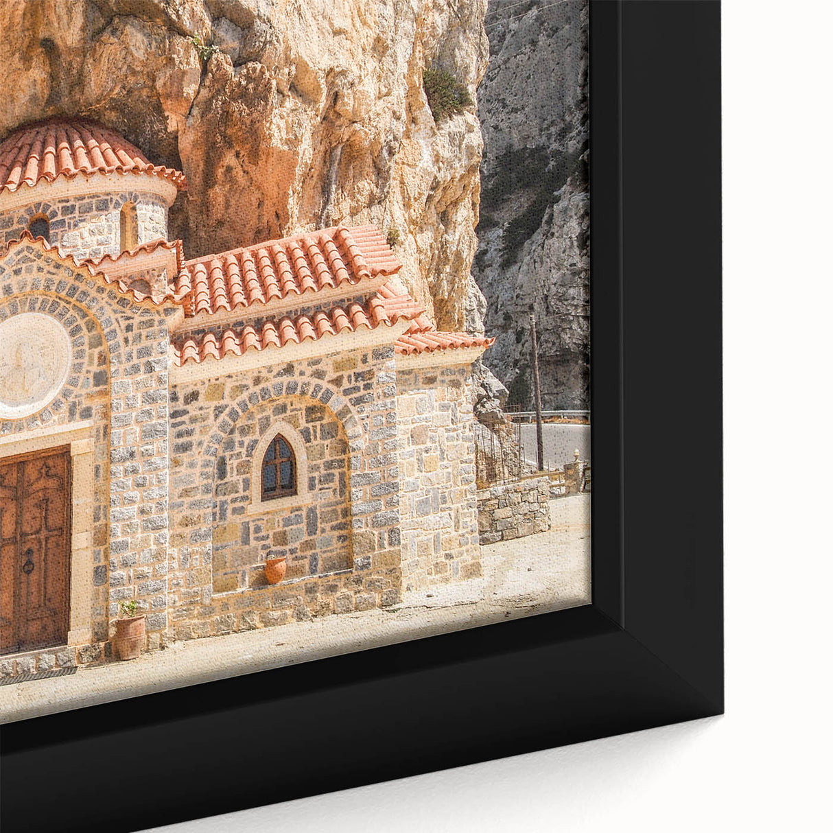 Black wall art depicting a textured, colorful Crete landscape on an extra large framed canvas, ideal for living room decor.