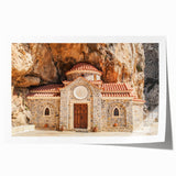 Scenic Crete landscape with vibrant blue and white tones on a rolled canvas, ideal for art wall dining room.