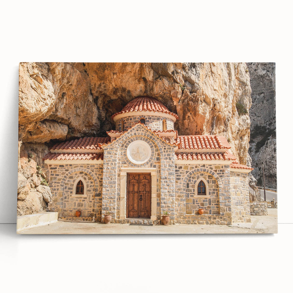 Black and white photo of Crete coastline on large stretched canvas, ideal for kitchen wall art.