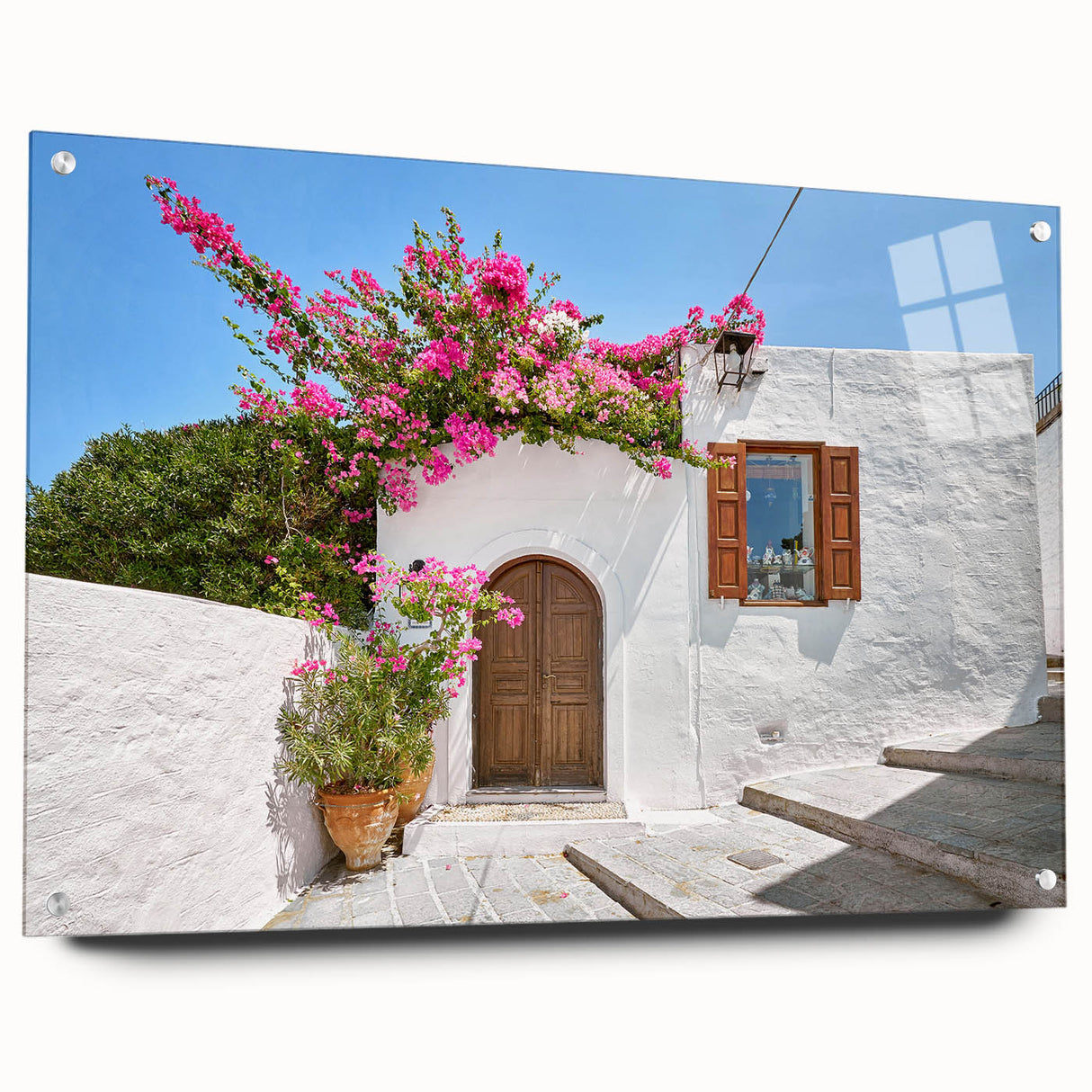 Acrylic print of a serene Rhodes, Greece landscape in muted blue and white tones, suitable for dining room or bedroom decor.