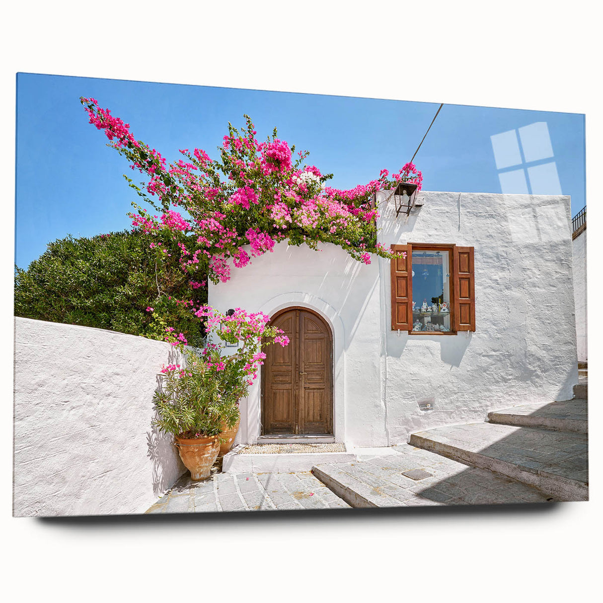 Acrylic print of a large abstract depiction of Rhodes, Greece, in blue and white tones.