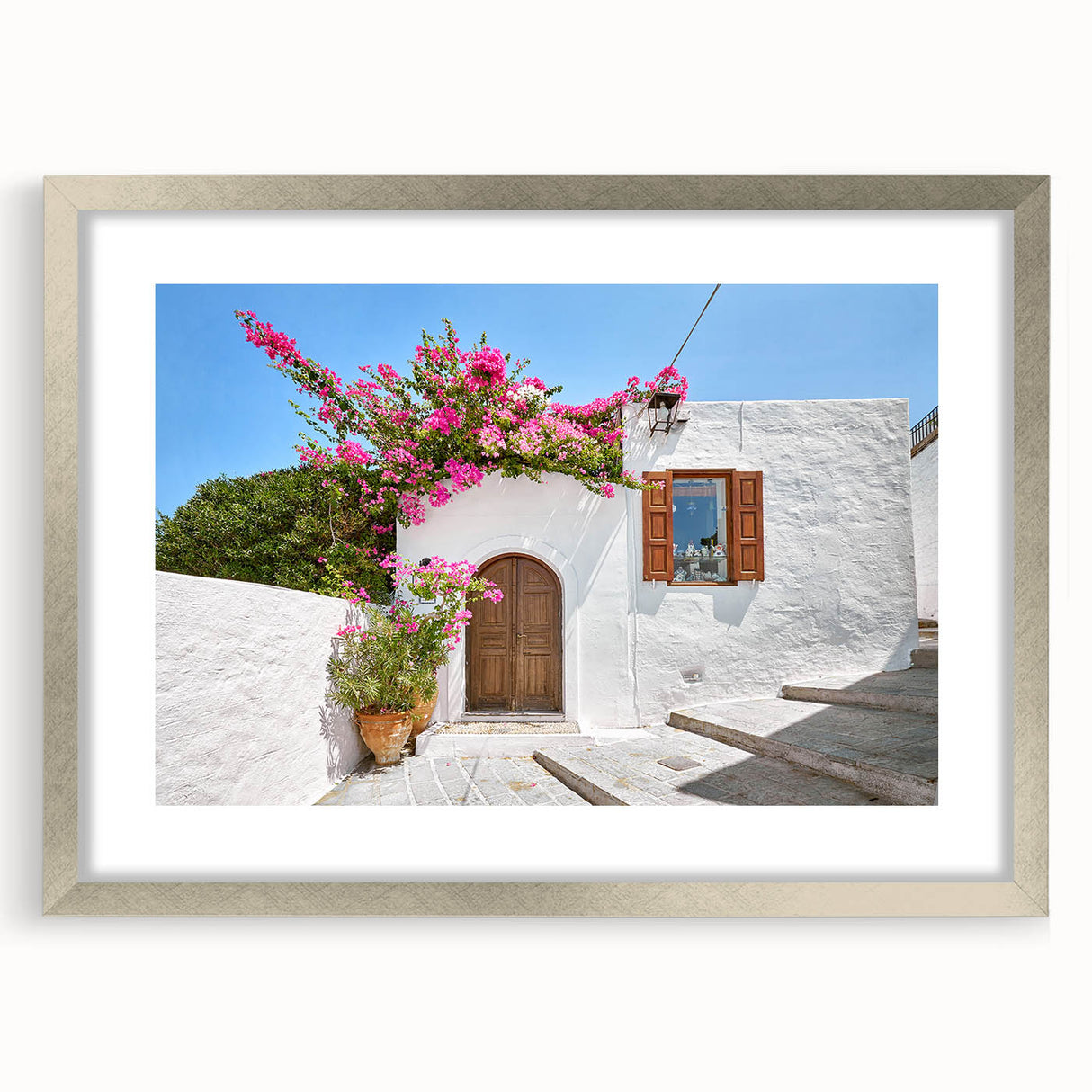 Extra large wall art depicting an abstract Rhodes, Greece scenery in textured silver frame, suitable for living room decor.