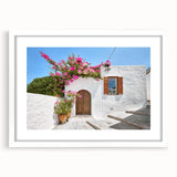 Textured art of abstract Rhodes, Greece scenery in muted earth tones on a framed white mat.