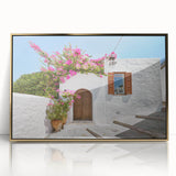 Art deco poster of Rhodes, Greece, in muted gold and blue tones on framed acrylic, suitable for modern art wall decor.