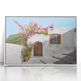 Mid-century modernist art depicting Rhodes, Greece with muted blue and white tones on framed acrylic.