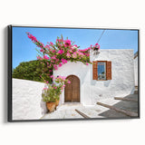 Black and white wall art featuring a vintage poster art style landscape of Rhodes, Greece on a framed canvas.