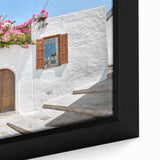 Extra large framed canvas featuring a textured depiction of Rhodes, Greece in vibrant colorful art on a black background.