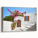 Framed canvas depicting a vintage-style landscape of Rhodes, Greece, in muted colorful tones, ideal for living room decor.