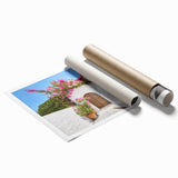 Extra large rolled print of a serene Rhodes, Greece scenery with vibrant floral accents, ideal for classy bathroom wall art.