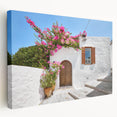 Large art print of Rhodes, Greece scenery in vibrant blue and white tones on stretched canvas, ideal for kitchen wall art.