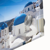 Acrylic print of Santorini landscape in muted blue and white tones, ideal for dining room art.
