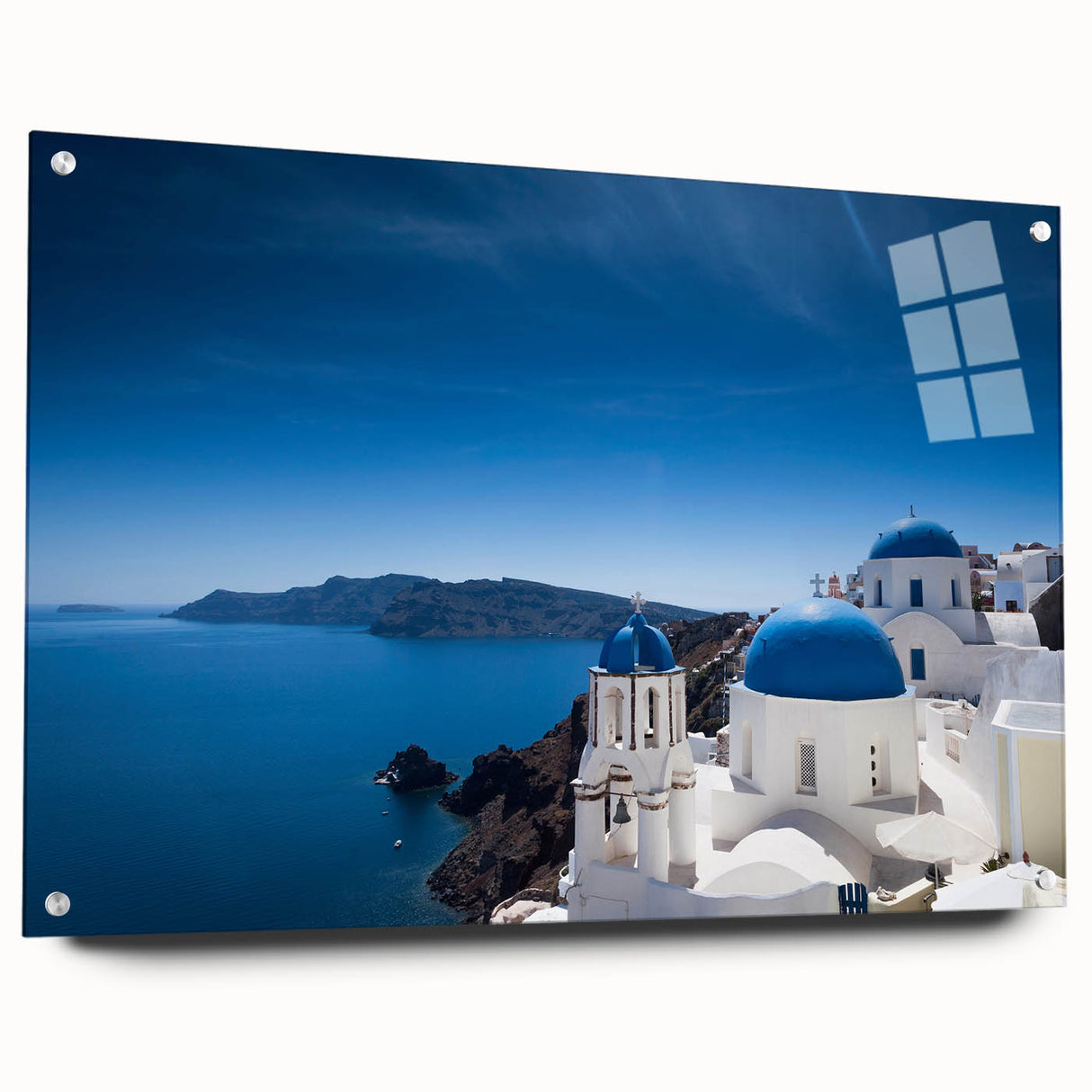 Acrylic print of Santorini scenery with vibrant blue and white tones, suitable for bedroom or dining room decor.