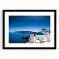 Extra large wall art depicting an abstract Santorini scene, with vibrant blue and white tones.