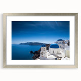 Extra large wall art of Santorini with textured abstract design in blue and white tones, framed in silver.