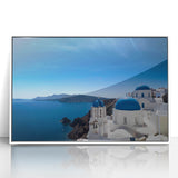Mid-century modernist art depicting Santorini, Greece in acrylic, framed, with vibrant blue and white tones.