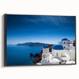 Black and white framed canvas of Santorini landscape, ideal for bedroom wall decor.