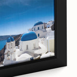 Extra large framed canvas of a black textured Santorini scenery with colorful accents, ideal for living room decor.