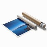 Rolled print of Santorini scenery with blue and white tones, suitable for large living room wall art.