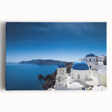 Black and white print of Santorini scenery on stretched canvas, ideal for kitchen wall art or bedroom ambiance.