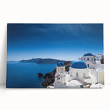 Black and white image of Santorini on stretched canvas, ideal for kitchen wall art.