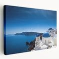 Santorini landscape on large stretched canvas with vivid blue and white tones, suitable for kitchen wall art.