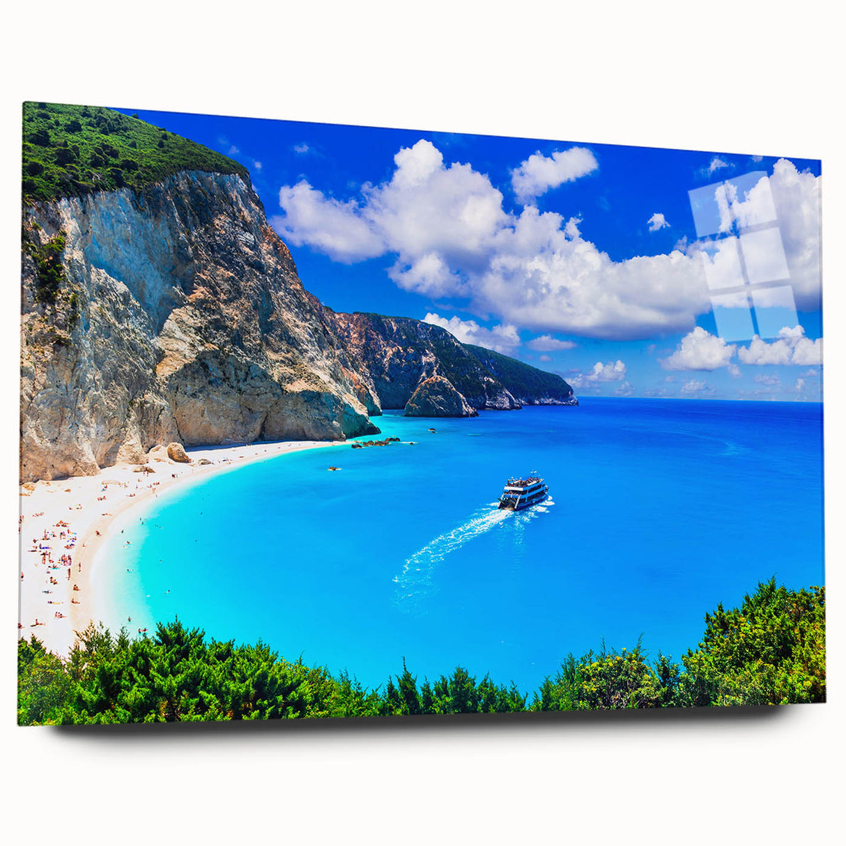 Acrylic print of a serene Greek landscape in soft blue and white tones, suitable for bedroom or dining room art.