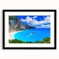 Extra large abstract art print of a colorful European seaside, textured appearance, in a black frame with mat.