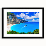 Extra large abstract art print of a colorful European seaside, textured appearance, in a black frame with mat.