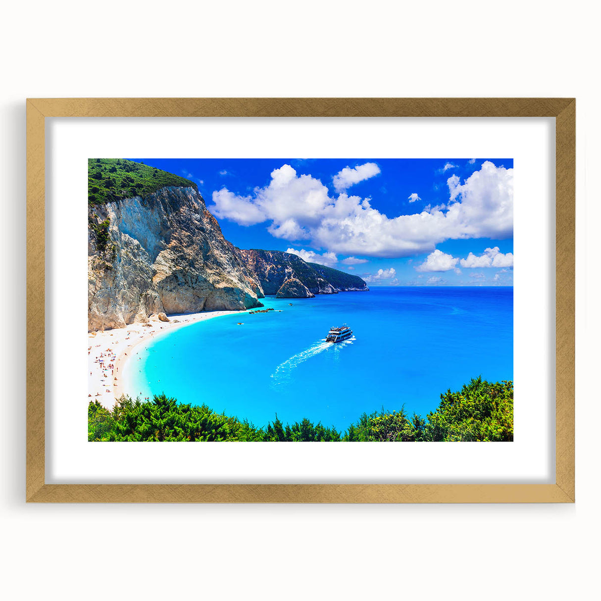 Abstract art print of a European landscape in muted blue and white tones, framed in gold, suitable for dining room decor.