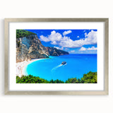 Extra large abstract art print of a European Greek scenery in muted earth tones, framed with a silver mat.