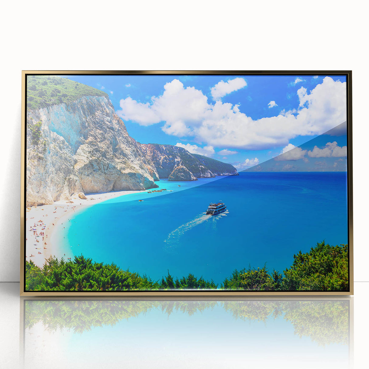 Art Deco-style poster depicting a scenic view of Greece with gold frame, ideal for modern art wall decor.