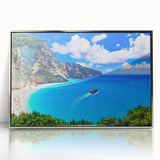 Large acrylic print of a European Greek landscape in muted blue tones, framed in silver, suitable for modern art wall decor.