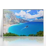 Mid-century modernist art depicting a serene Greek landscape in pastel shades on a framed acrylic.