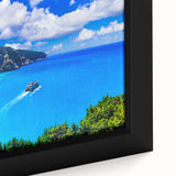 Extra large framed canvas featuring a textured depiction of a colorful Greek scenery, ideal for living room decor.